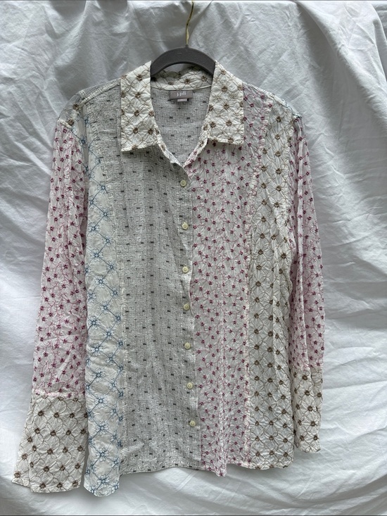 J. Jill Tops - J. Jill White Button-Down Shirt with Pink, Brown, and Blue Embroidered Panels